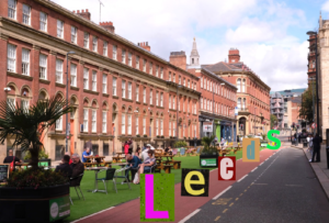Leeds centre, near the Radisson Hotel, with the word Leeds spelled out in bright coloured letters