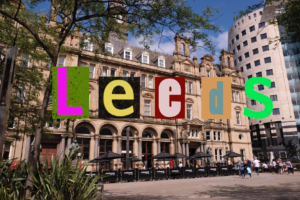 Leeds centre with the word Leeds spelled out in bright coloured letters